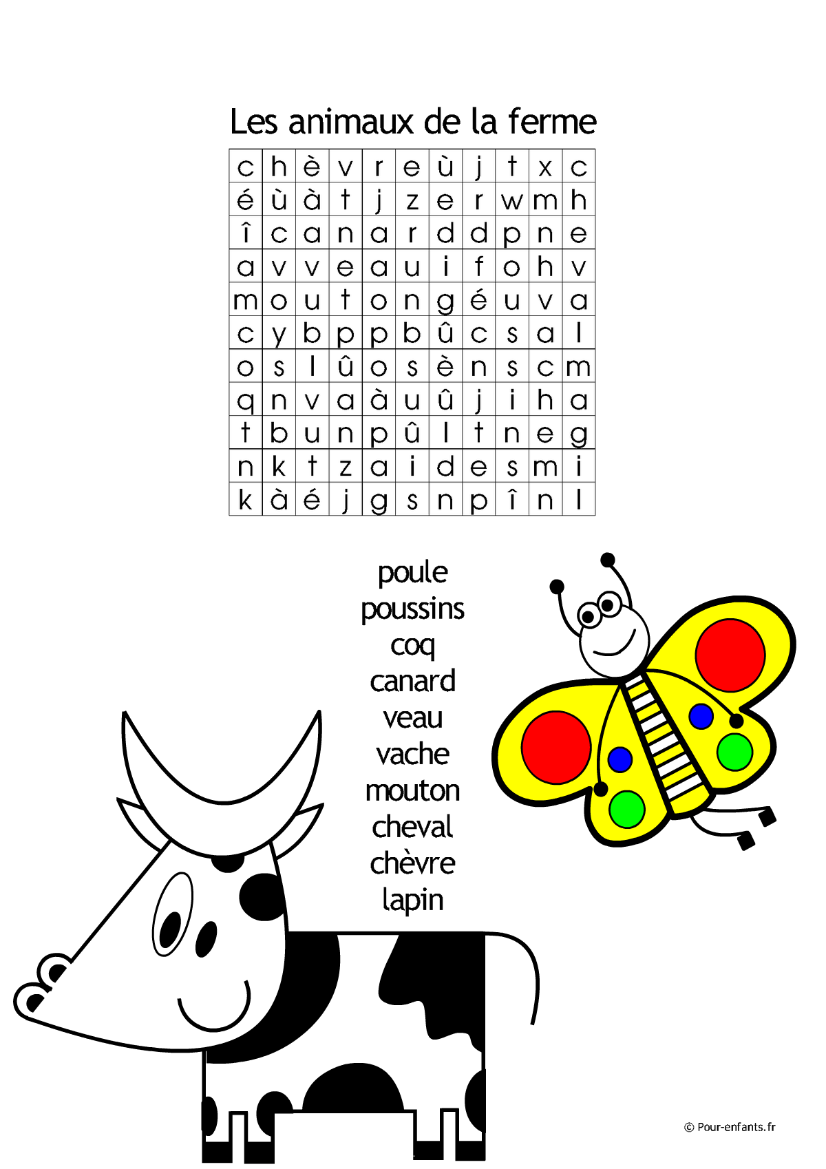 Jeux de PAQUES, Mots cachés de Pâques : les animaux de la ferme